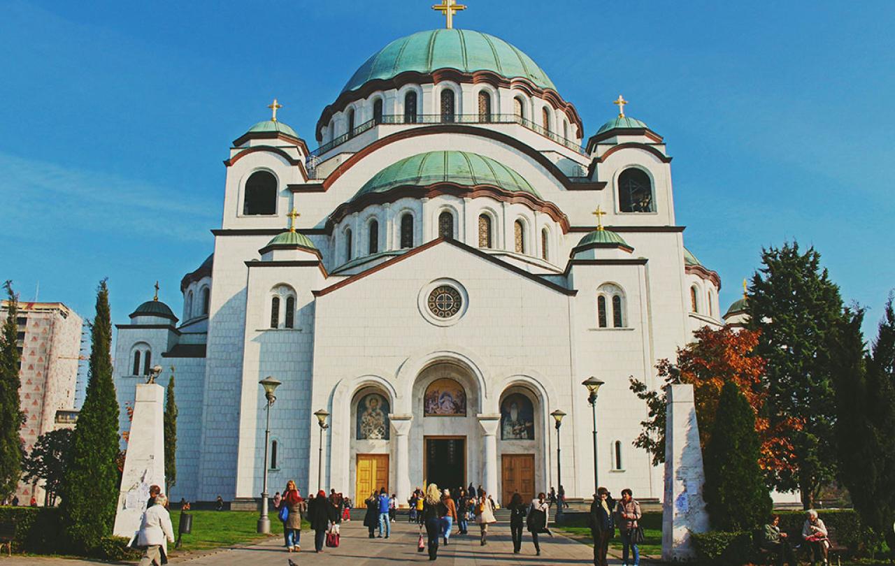 An orthodox cathedral, with prominent roof domes.