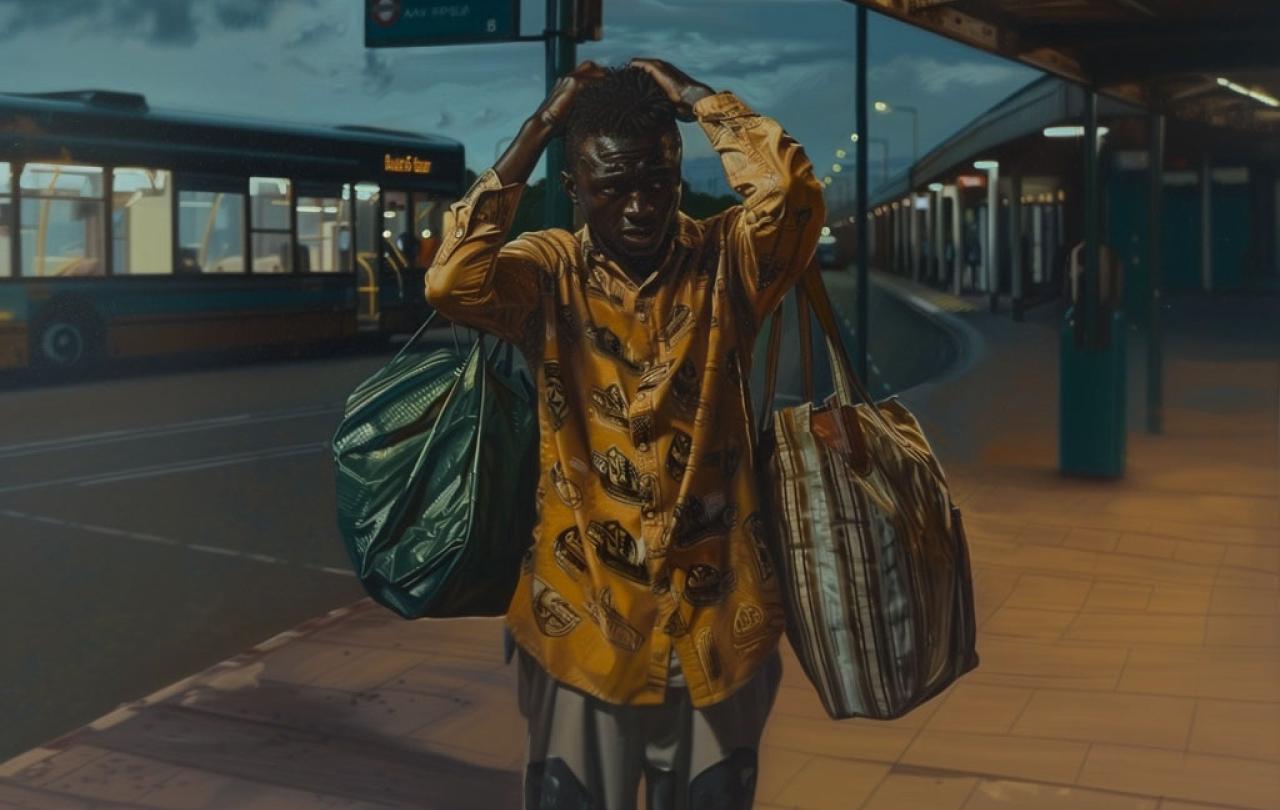 An upset man holds his hands on his head as he misses a bus.