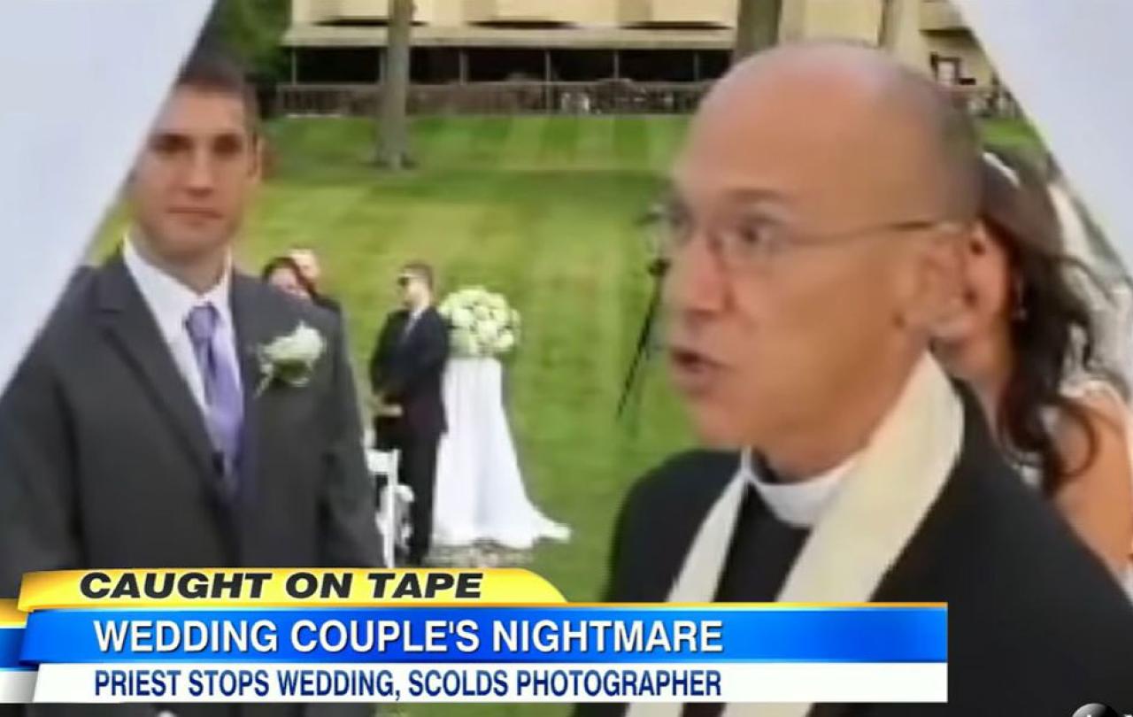 A screen grab of a news report; a priest looks angry turning away from a wedding couple. The caption reads: Wedding couple's nightmare. Priest stops wedding, scolds photographer