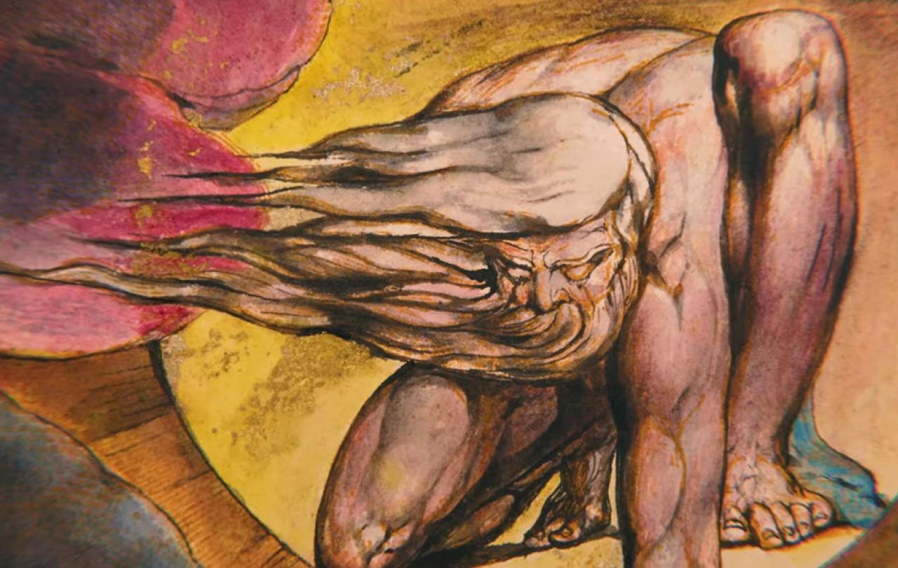 William Blake's illustration of God squatting down to create with his hair and beard blown to one side