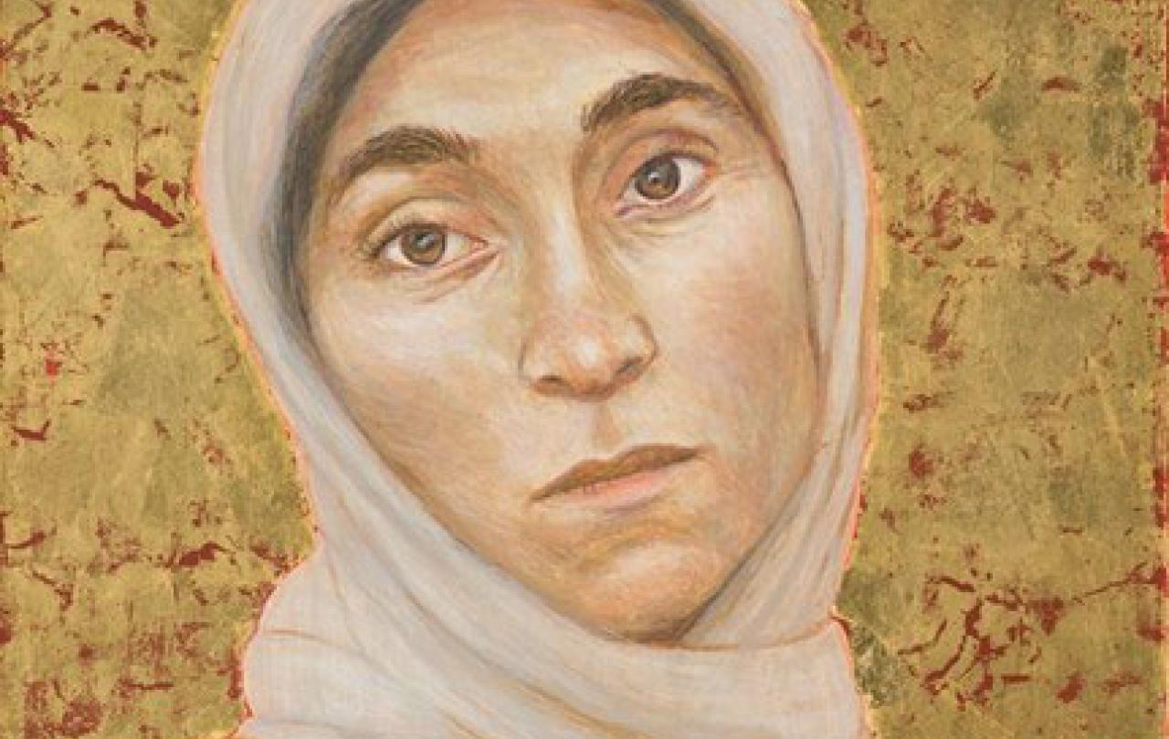A portrait of a white-shawled woman against a golden background.