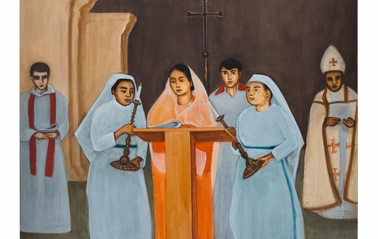 a painting shows Bengali celebrants of a Eucharist.