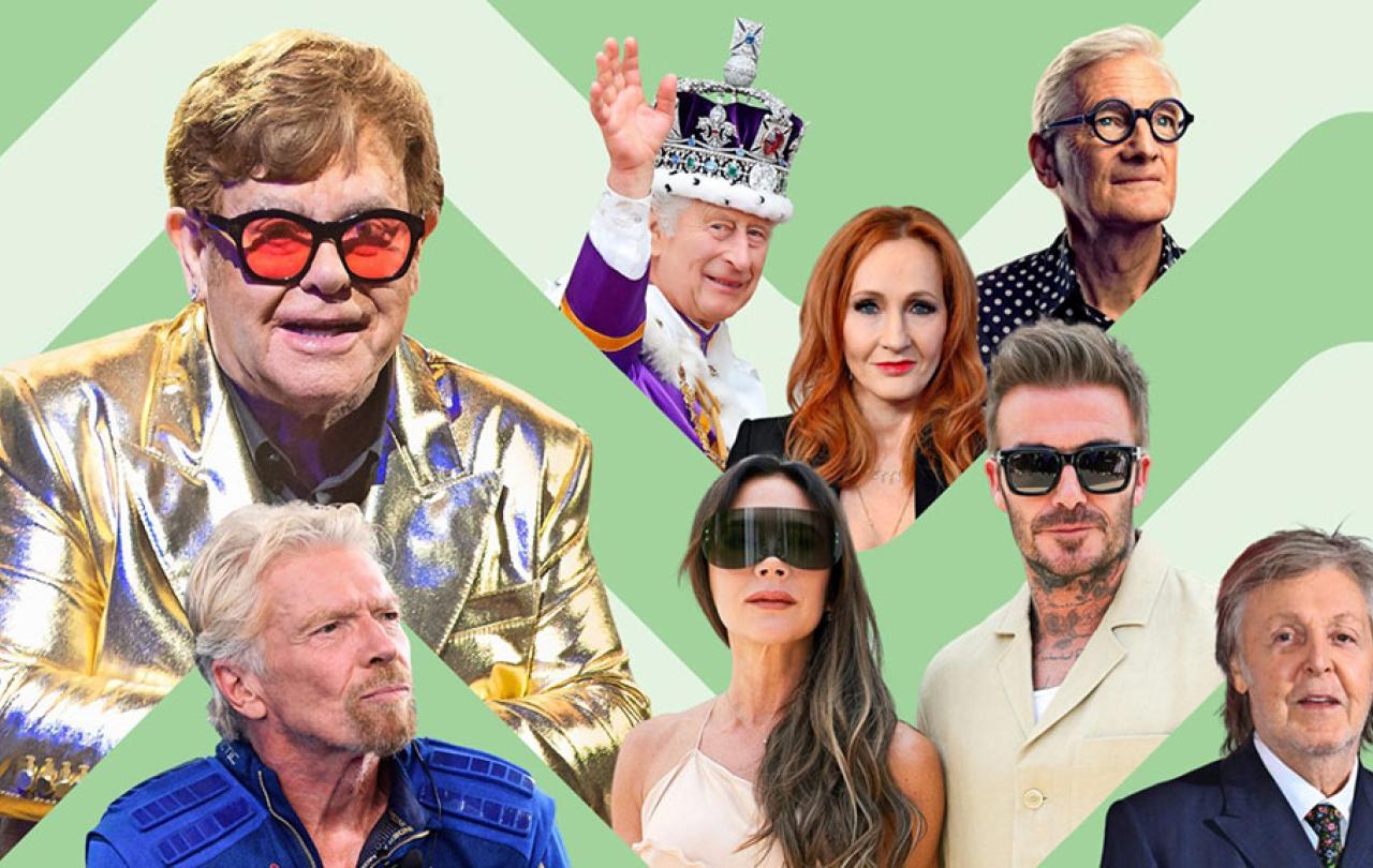 A collage of famous, rich, people such as King Charles, Elton John and others.