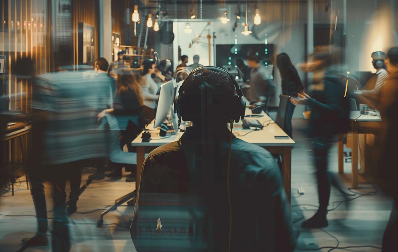 A office worker wearing headphones looks out of a hectic and loud office space around which people are moving