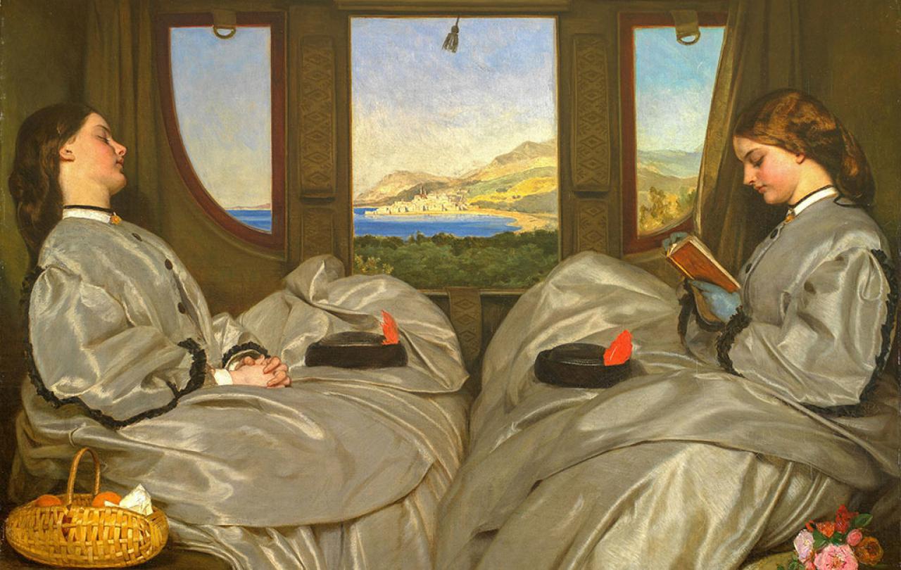 A painting shows two 19th century women in a carriage, one reading as the others snoozes.