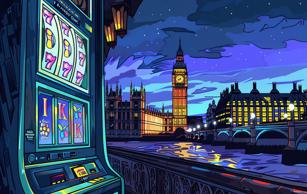 A cartoon depicts a slot machine opposite the Houses of Parliament