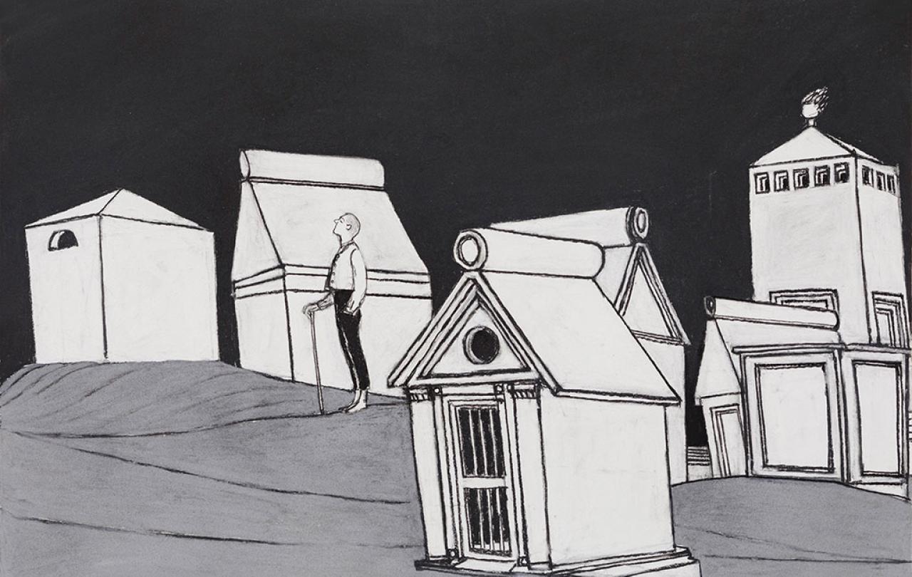A black and white illustration shows a man holding a walk stick standing among tomb-like structures.