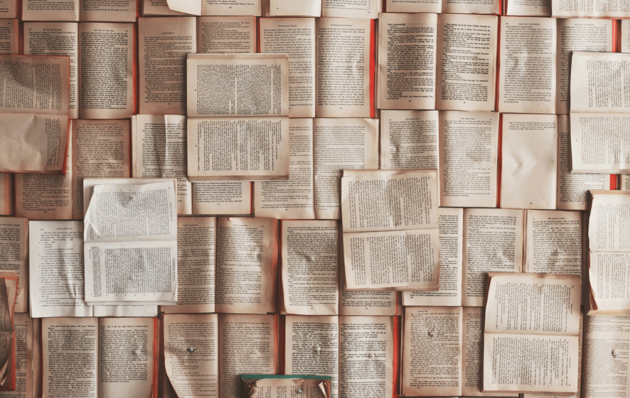 Pages from books are pinned across wall.