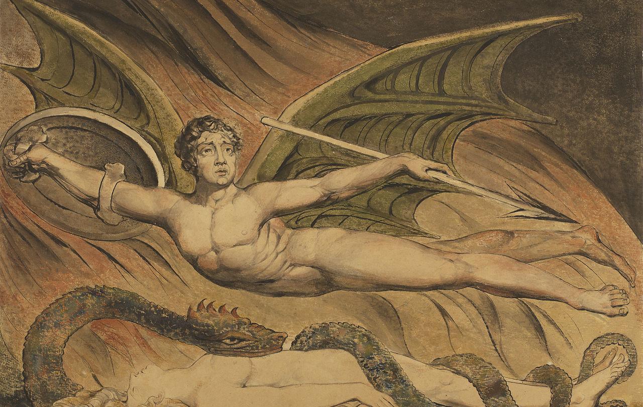 William Blake's illustration of Satan, a winged angel, flying over a prone Eve.