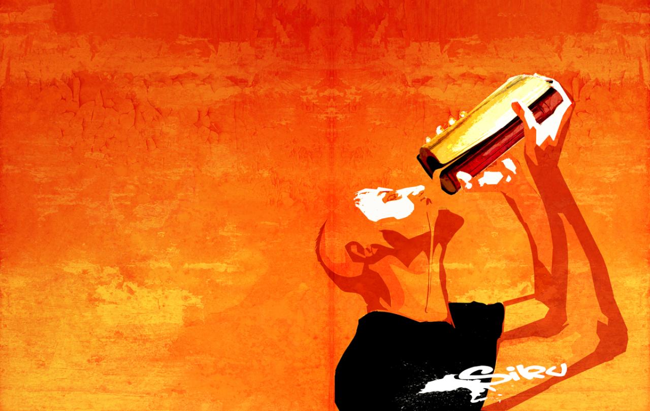 a comic book style image of a thirsty man drinking from a vessel.