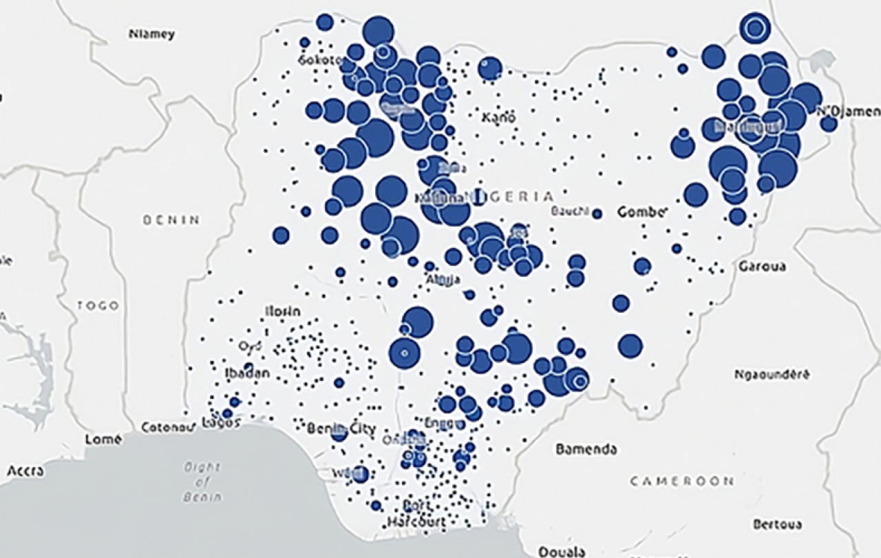 A data map shows circles of varying size across a map of Nigeria