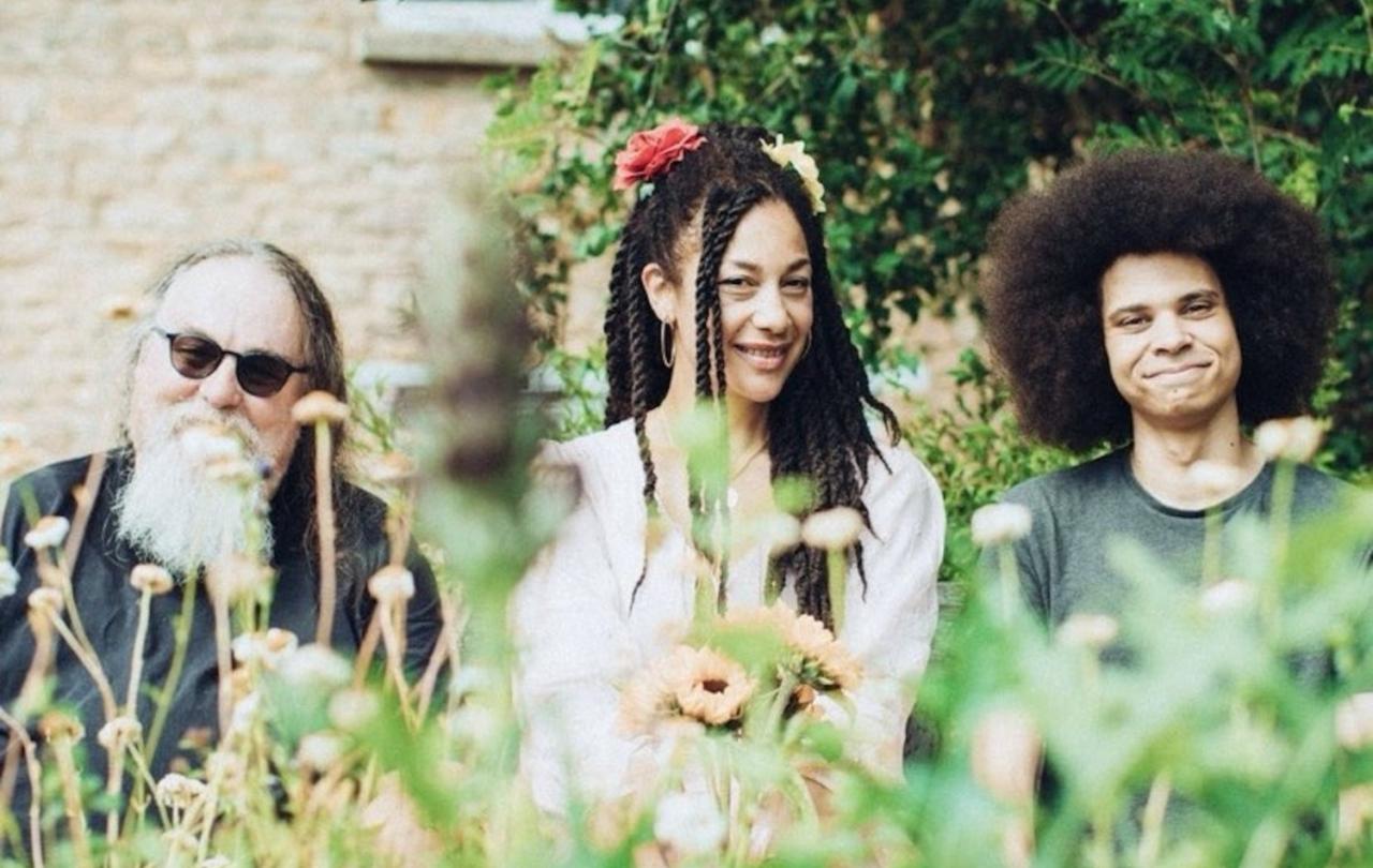 three folk musicians face the camera across a meadow