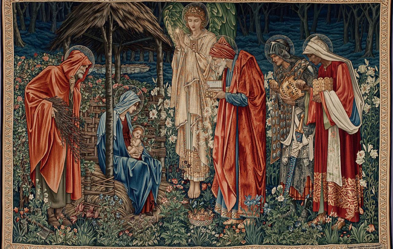 An arts and crafts image of the three kings adoring the new born Christ.