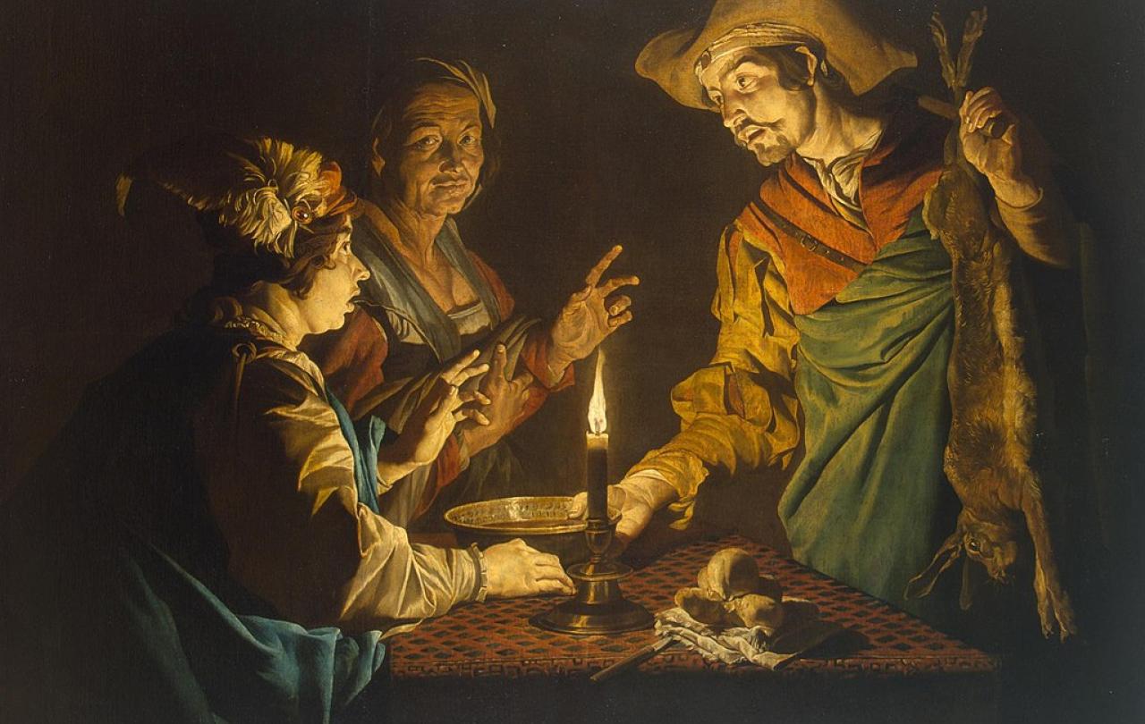 A renaissance picture depitcs Jacob and Esau, in contemporary clothing, around a table