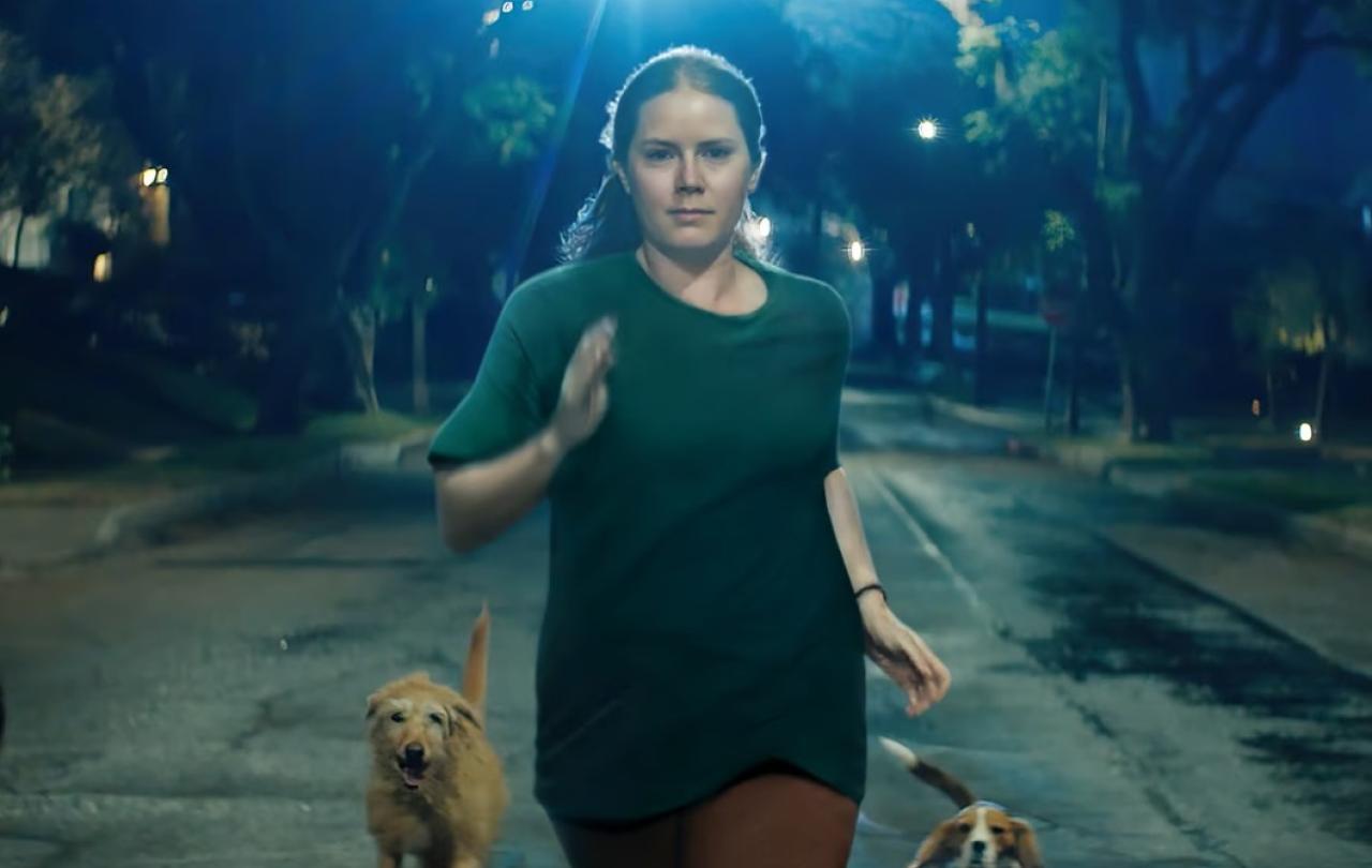 A woman runs down a street at night accompanied by dogs