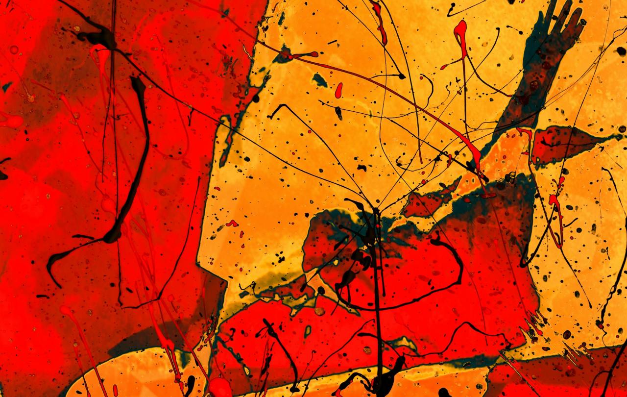 An abstract image of red and gold fluid shapes akin to stained glass, seem to depict a face and an upstretched hand.