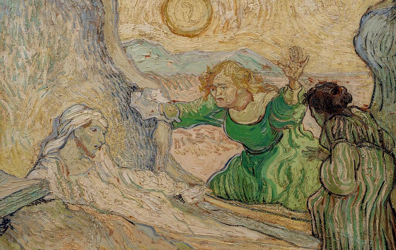 A Vincen Van Gogh painting of Lazarus rising from his bed as his astonished sisters lean toward him.