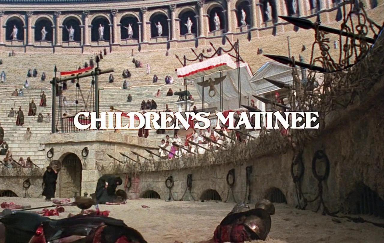 A movie still shows a Roman amphitheatre, covered in body parts, over which a sign reads 'children's matinee'.