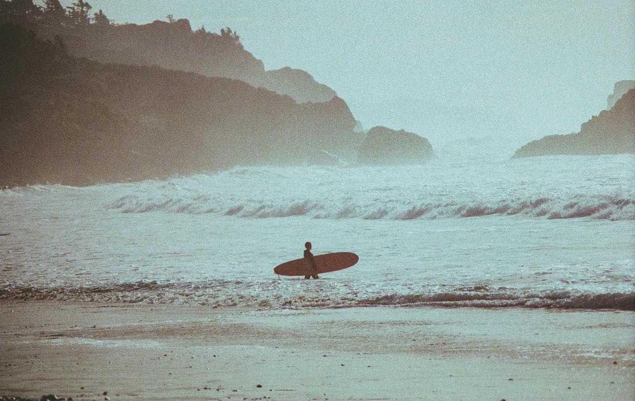 A sufer carries a longboard into the waves