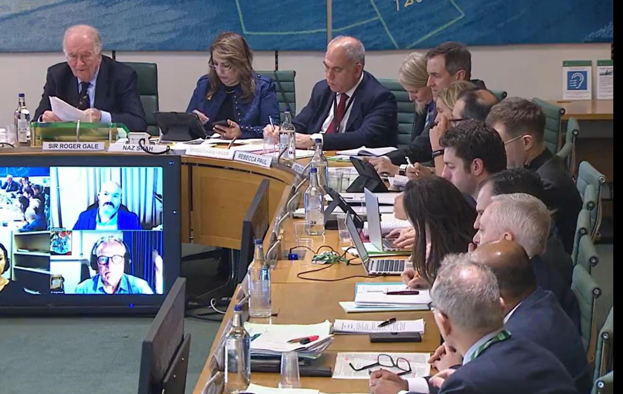 Members of a parliamentary committee sit at a curving table, in front of which a video screen shows other participants.
