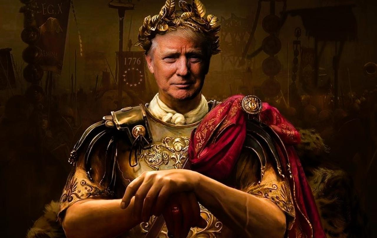 A montage shows Donald Trump as a Roman emperor leaning on a sword