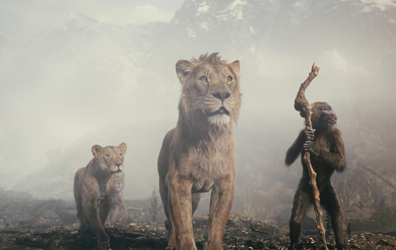 Life-like animated lions and a monkey walk towards the viewer.