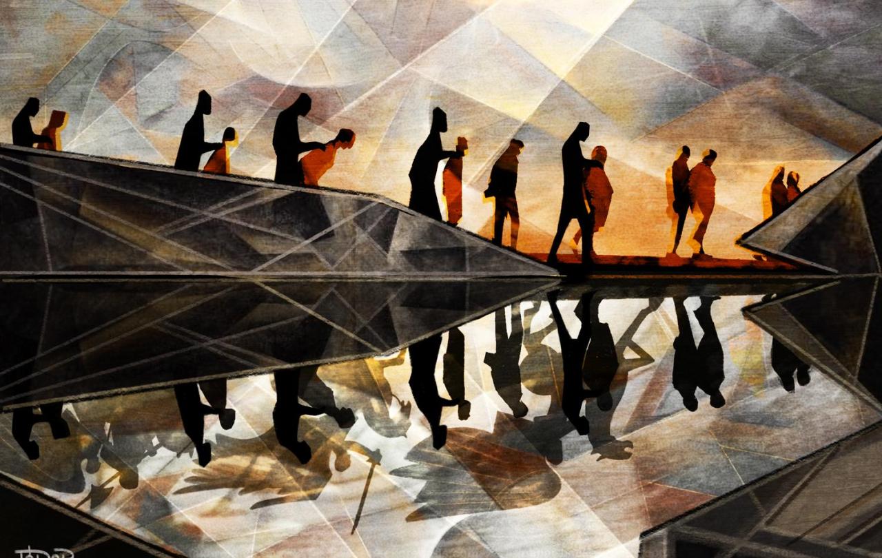 An animated scene shows a dark sky under which prisoners are marched along a river.