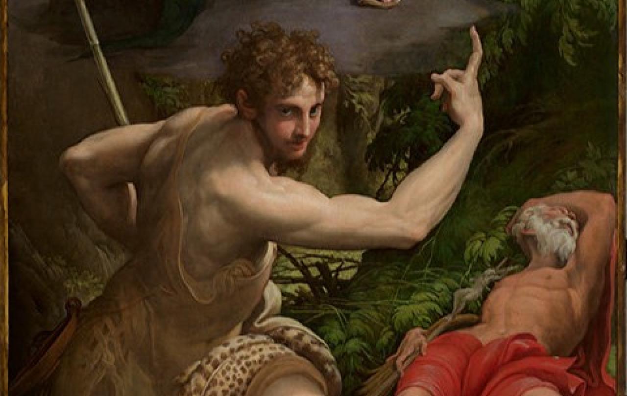 A painting depicts a man a prophet pointing skywards while another person sleeps on the ground
