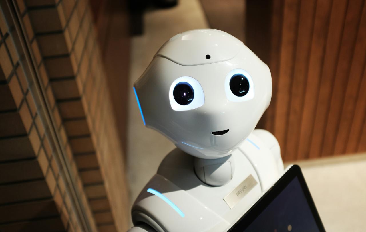 A cute-looking robot with big eyes stares up at the viewer.