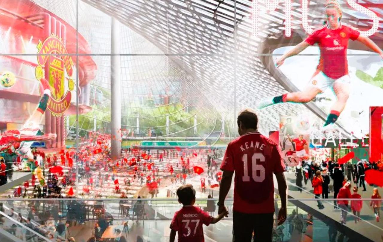 A CGI image of a son and dad holding hands on the concourse of a modern stadium.