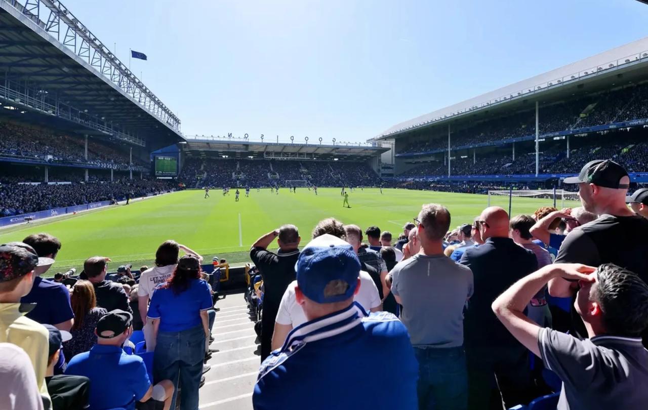 Football fans wearing blue stand and watch a match in a stadium.
