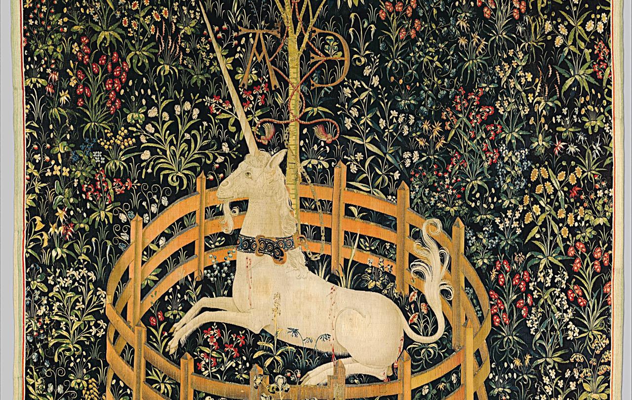 A tapestry depicts a unicorn resting within a fenced enclosure.