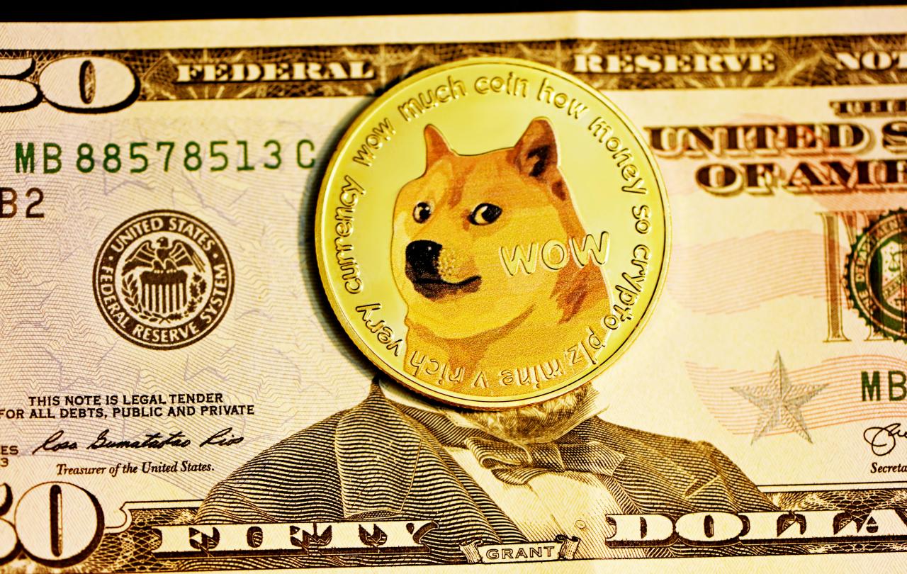 A gold coin with the DOGE dog on it, lies over the face on a $50 bill.