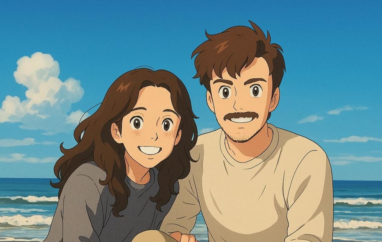 A couple crouch together on a beach in a Studio Ghibli style image.