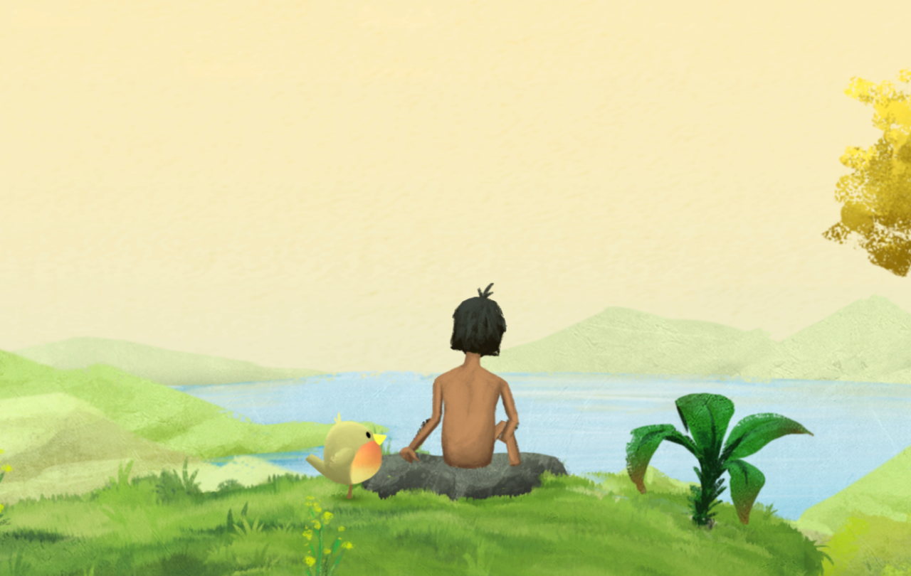 A mobile game still shows a robin standing close to a seated man.