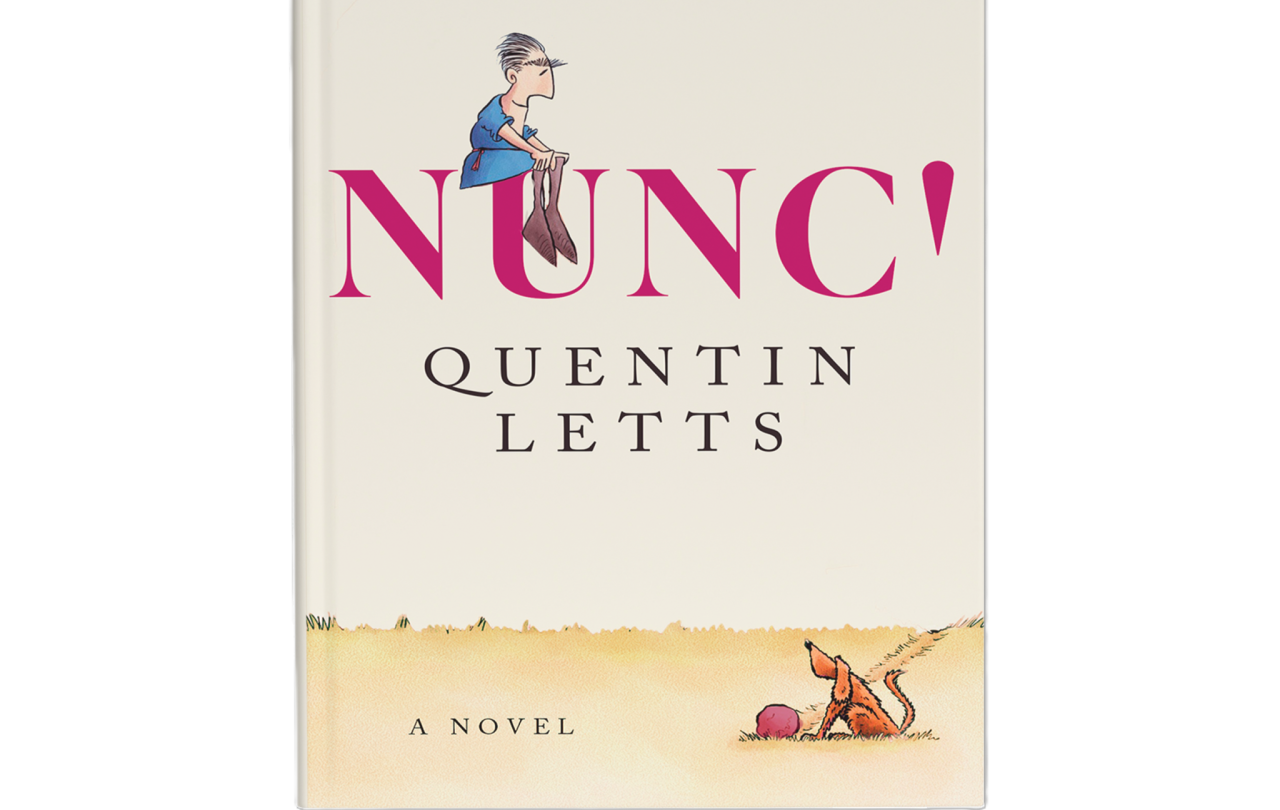 A book cover shows a cartoon man sitting on the title text while a dog sits below.