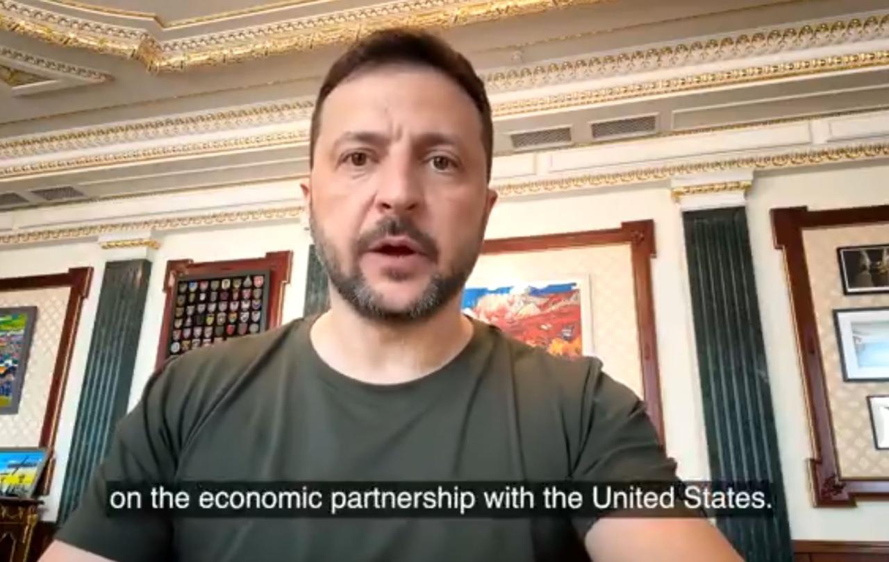 President Zelensky speaks and a caption reads ' on the economic partnership with the United States.