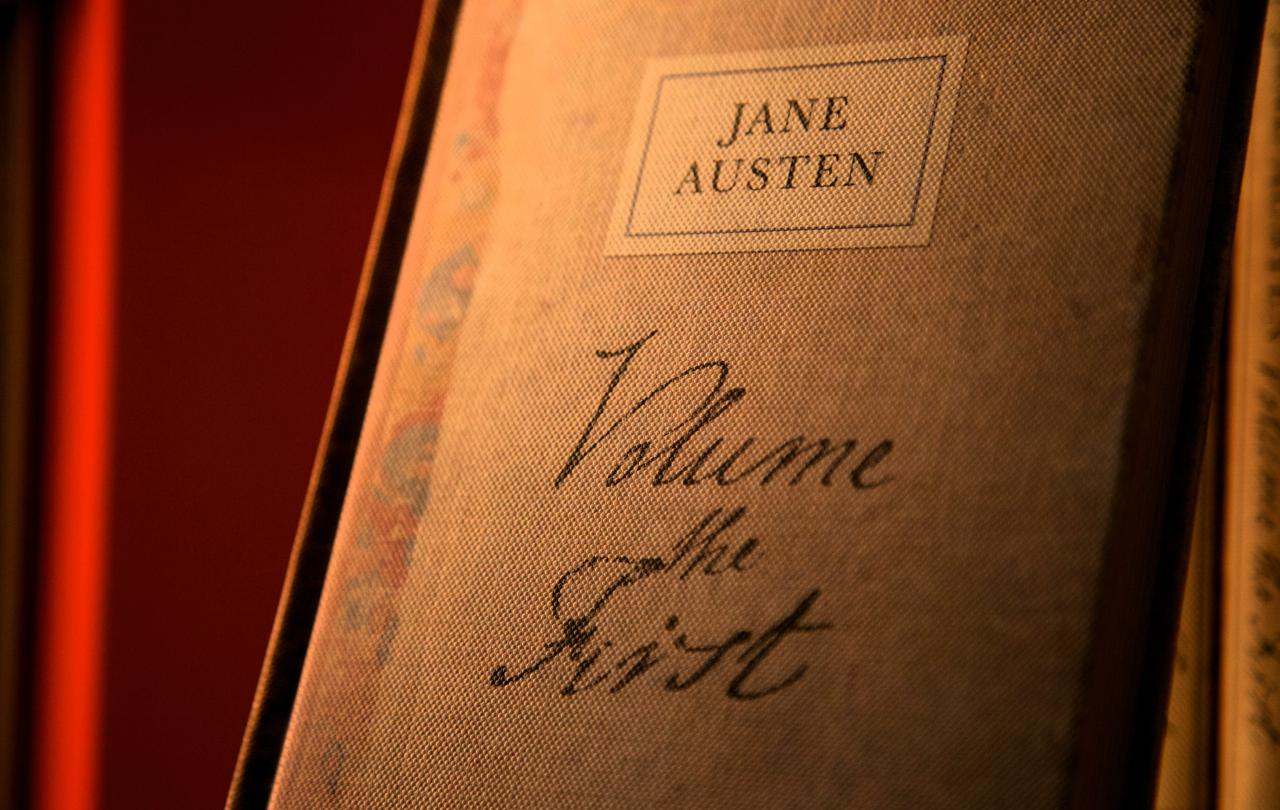 A book cover with a handwritten title that reads: Jane Austen volume the first