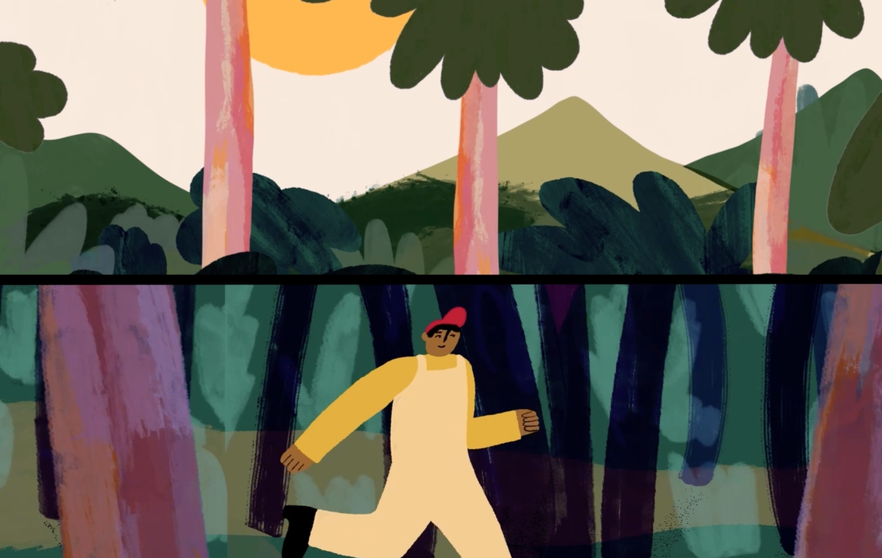 An animated man runs through a jungle.