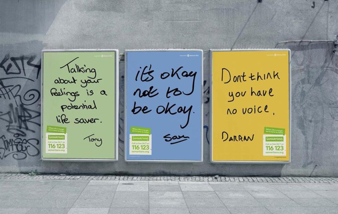 Three posters with suicide prevention messages.