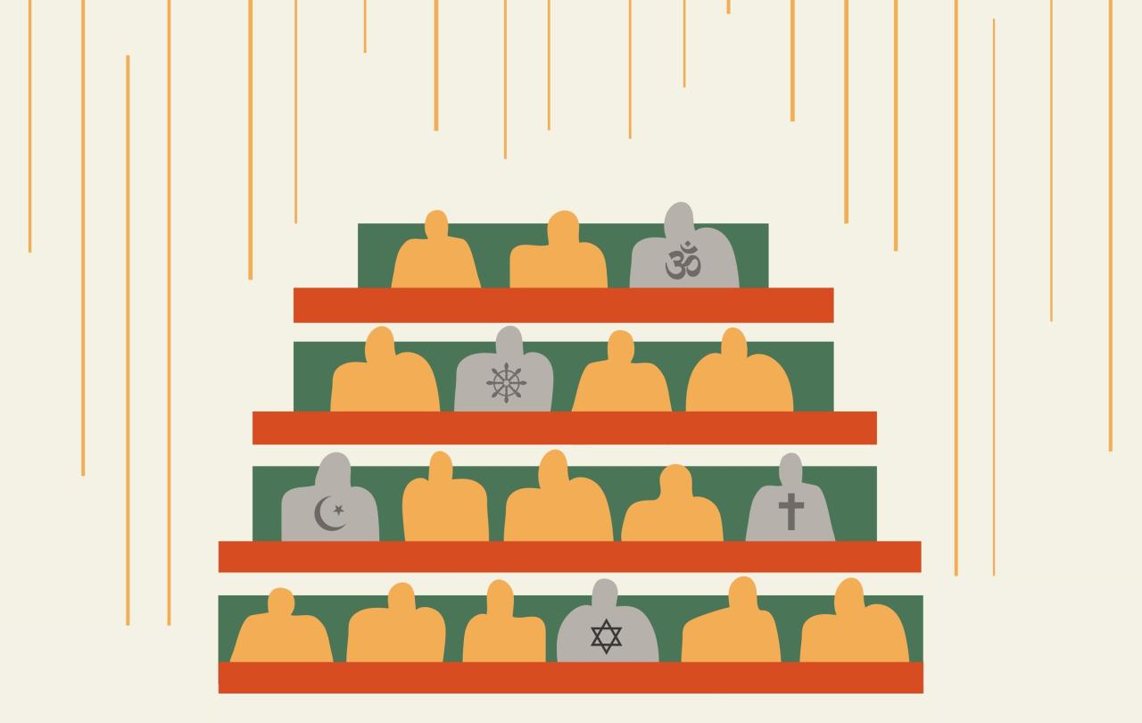 A graphic shows a gallery of people with religious symbols on their clothing.