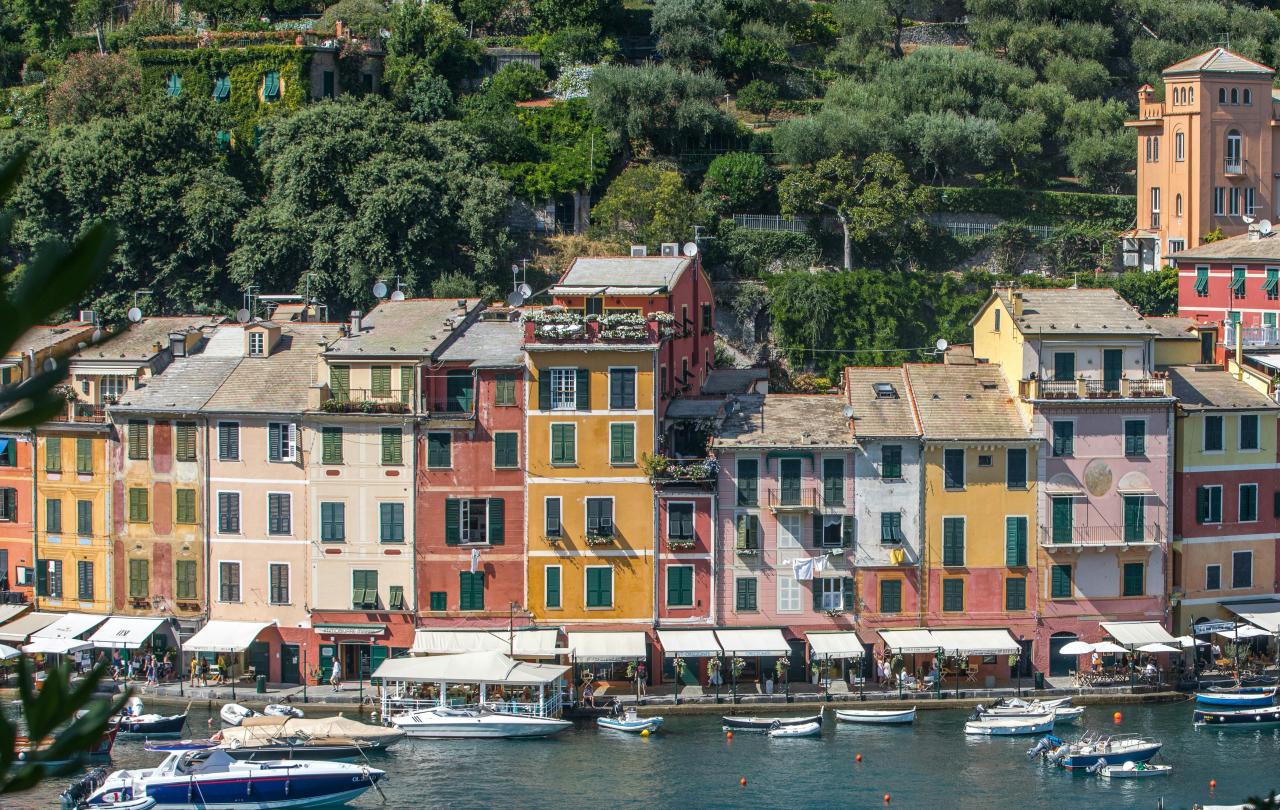 A colourful row of buildings in an Italian port.