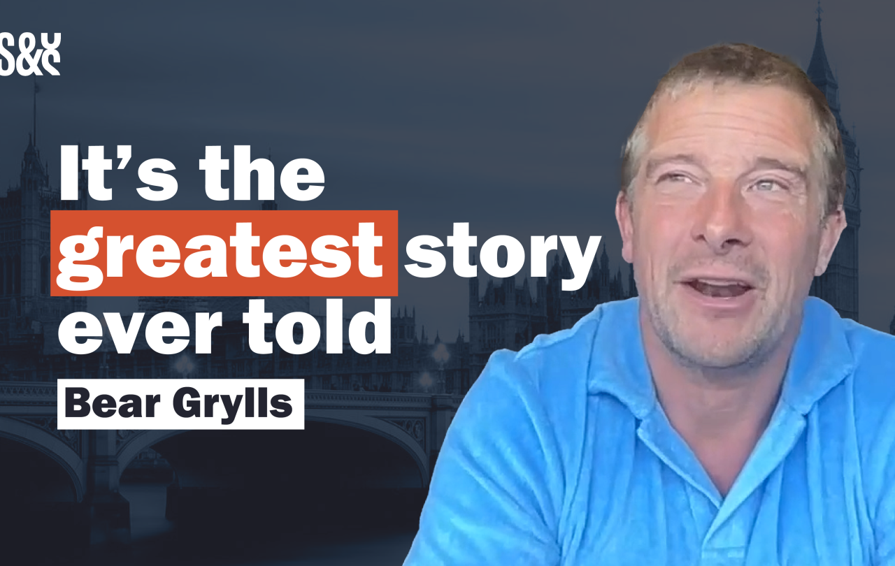 Bear Grylls talks next to a caption reading 'it's the greatest story ever told.