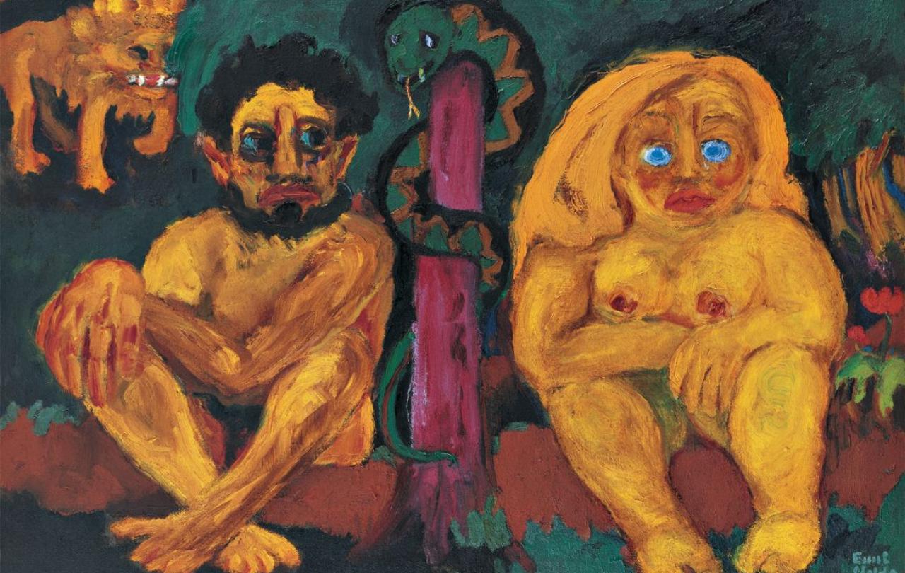 A painting show Adam and Eve wide-eyed after the fall.