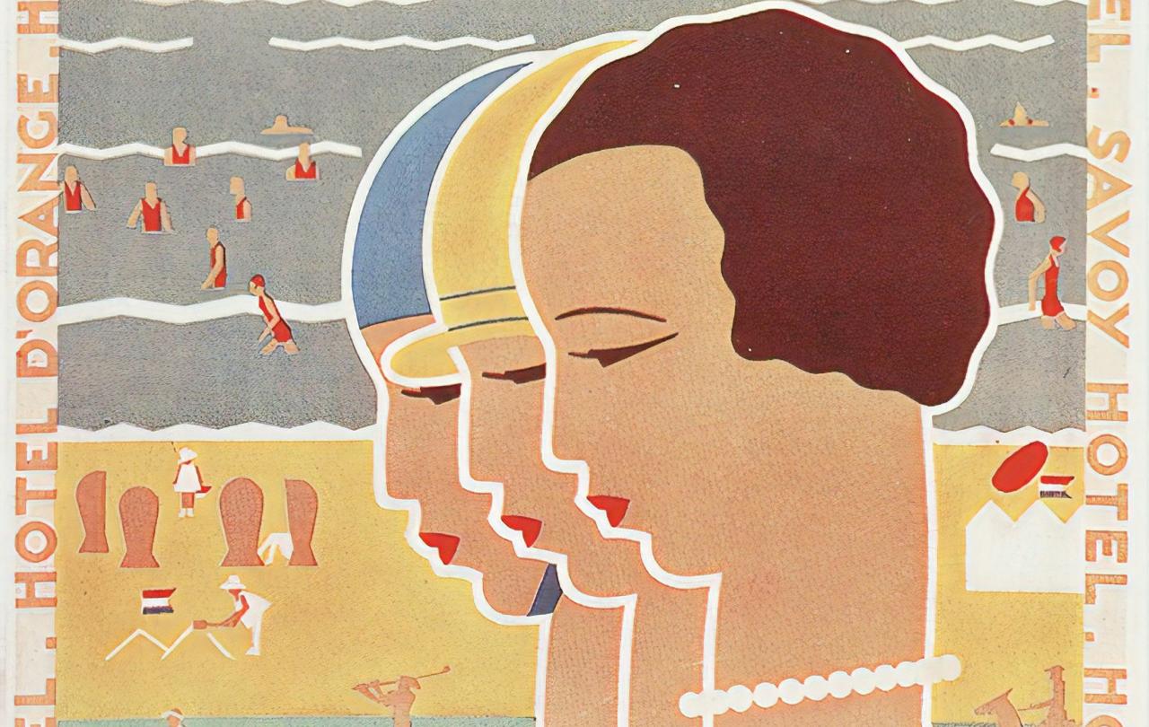 An art deco poster shows the heads of three woman against a beach background.