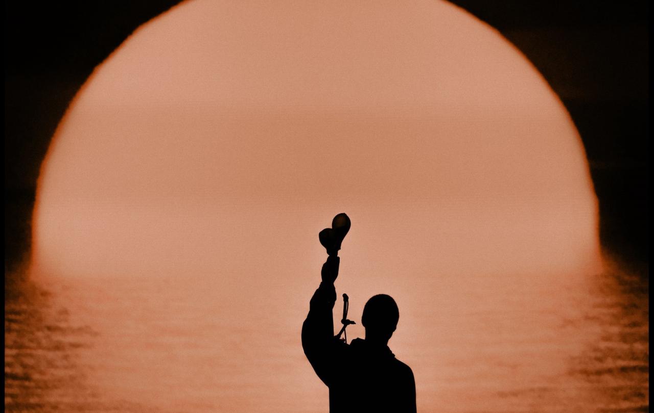 A silhouette of a musician holding up shakers.