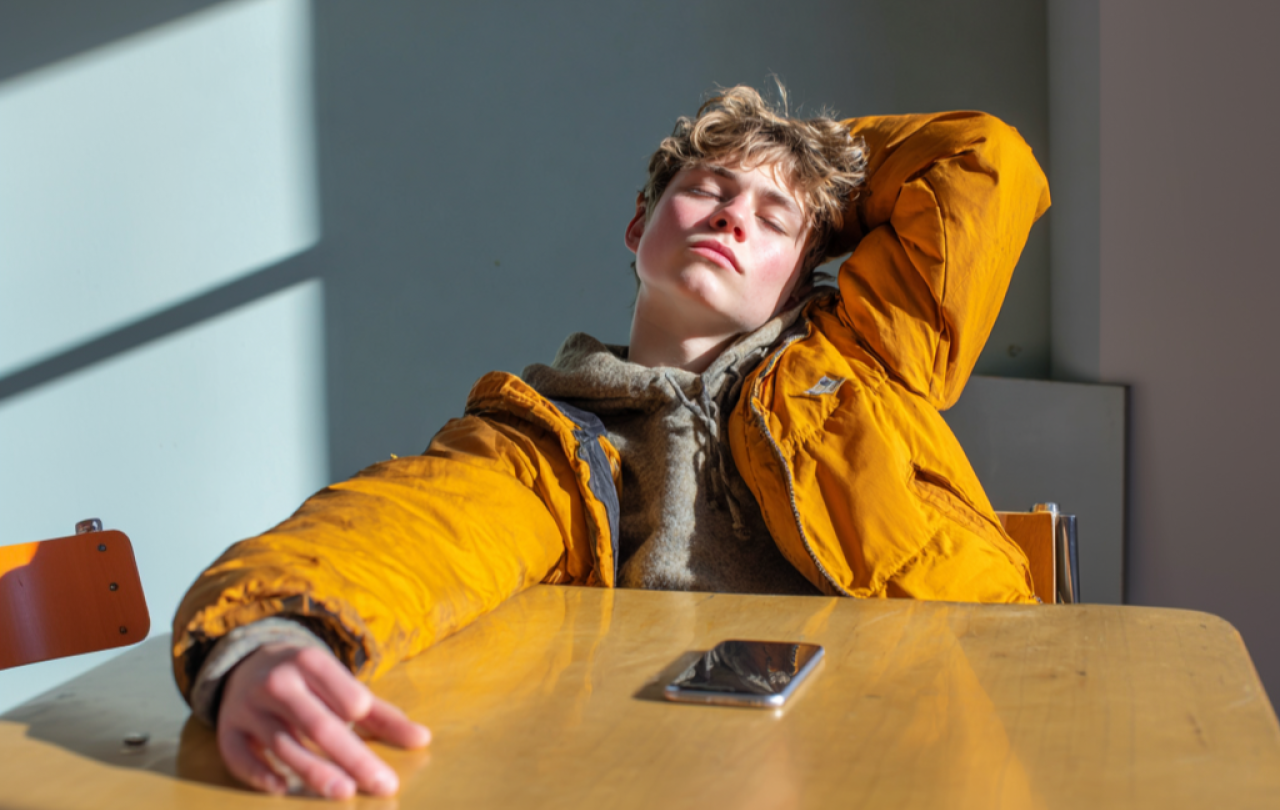 A seated teenager stretches back bored, a phone is on the table in front of them