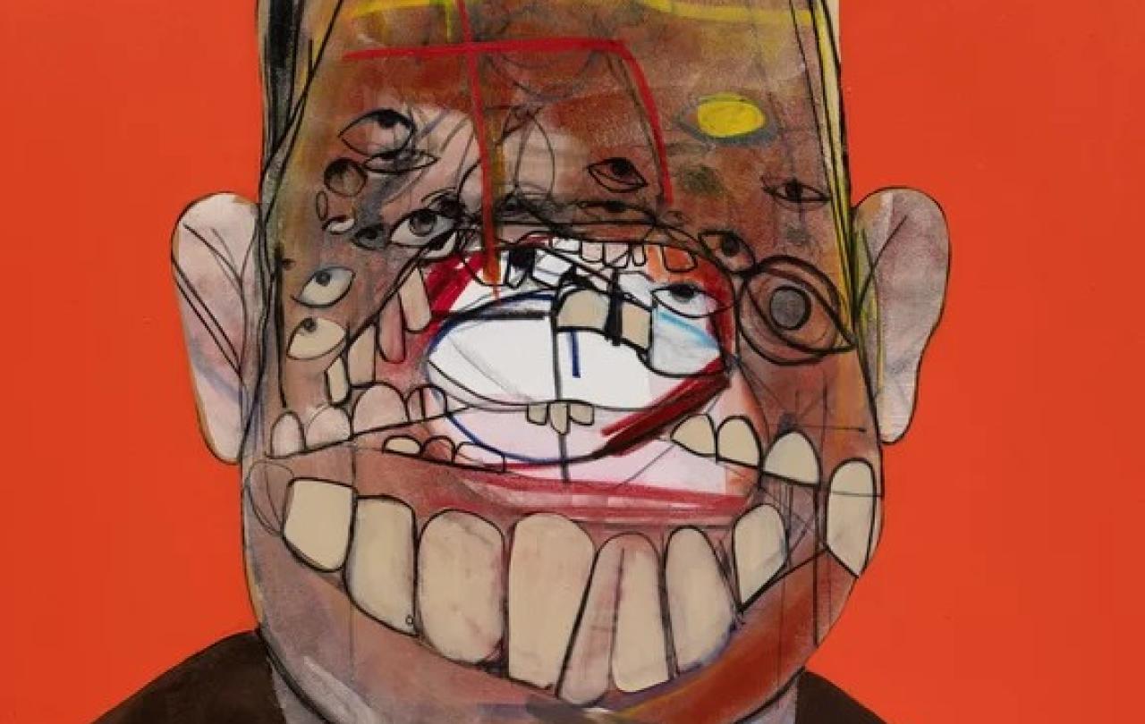 AN experessionist painting shows a face with a large open smile and many eyes.