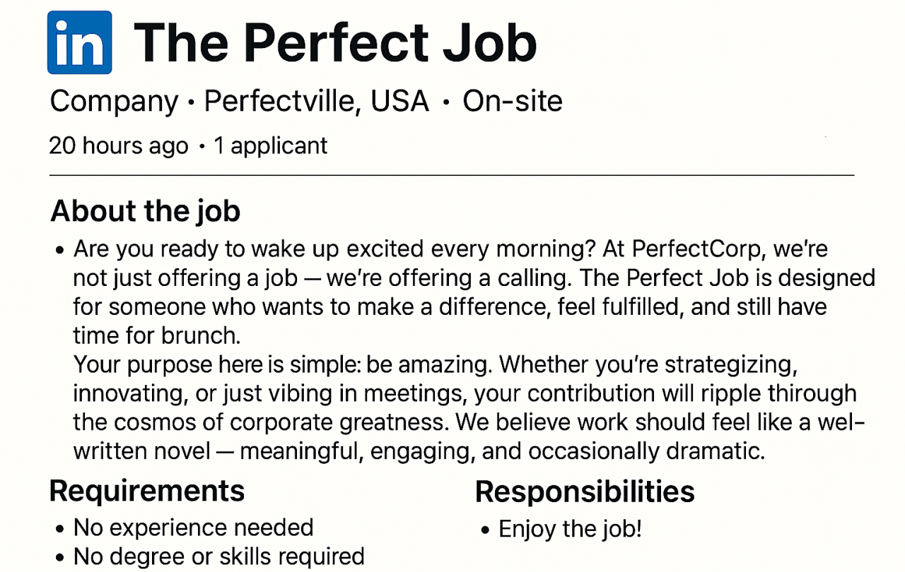 A mock ad for the perfect job.