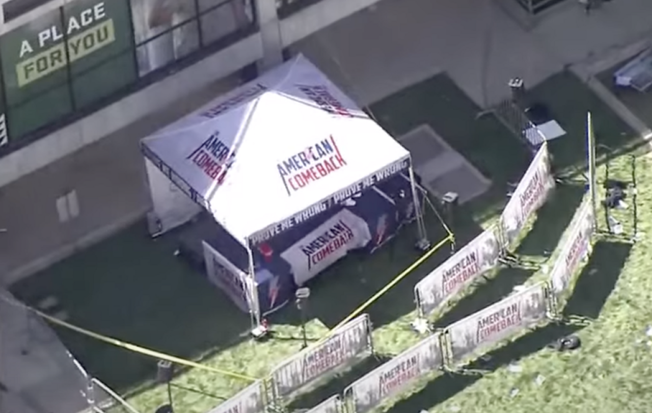An aerial view of a gazebo at the site of the Charlie Kirk shooting